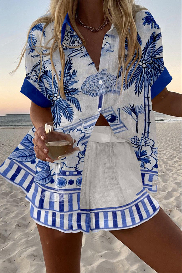 Linen Shorts Set | Palm Tree Print