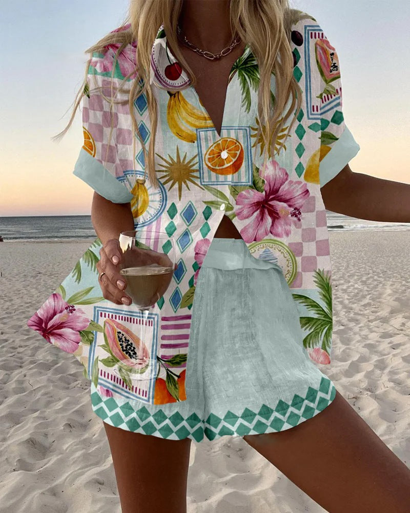 Linen Shorts Set | Fruit Print