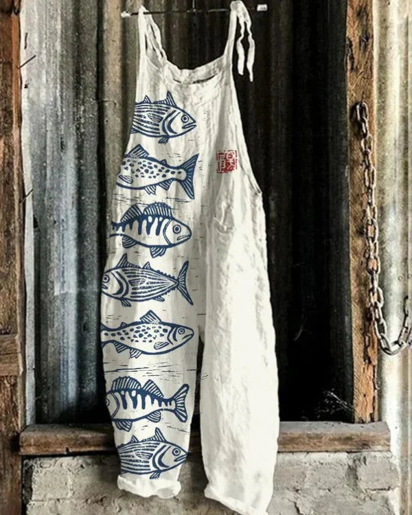 CAMILA – Pantalon salopette large en lin avec imprimé japonais 